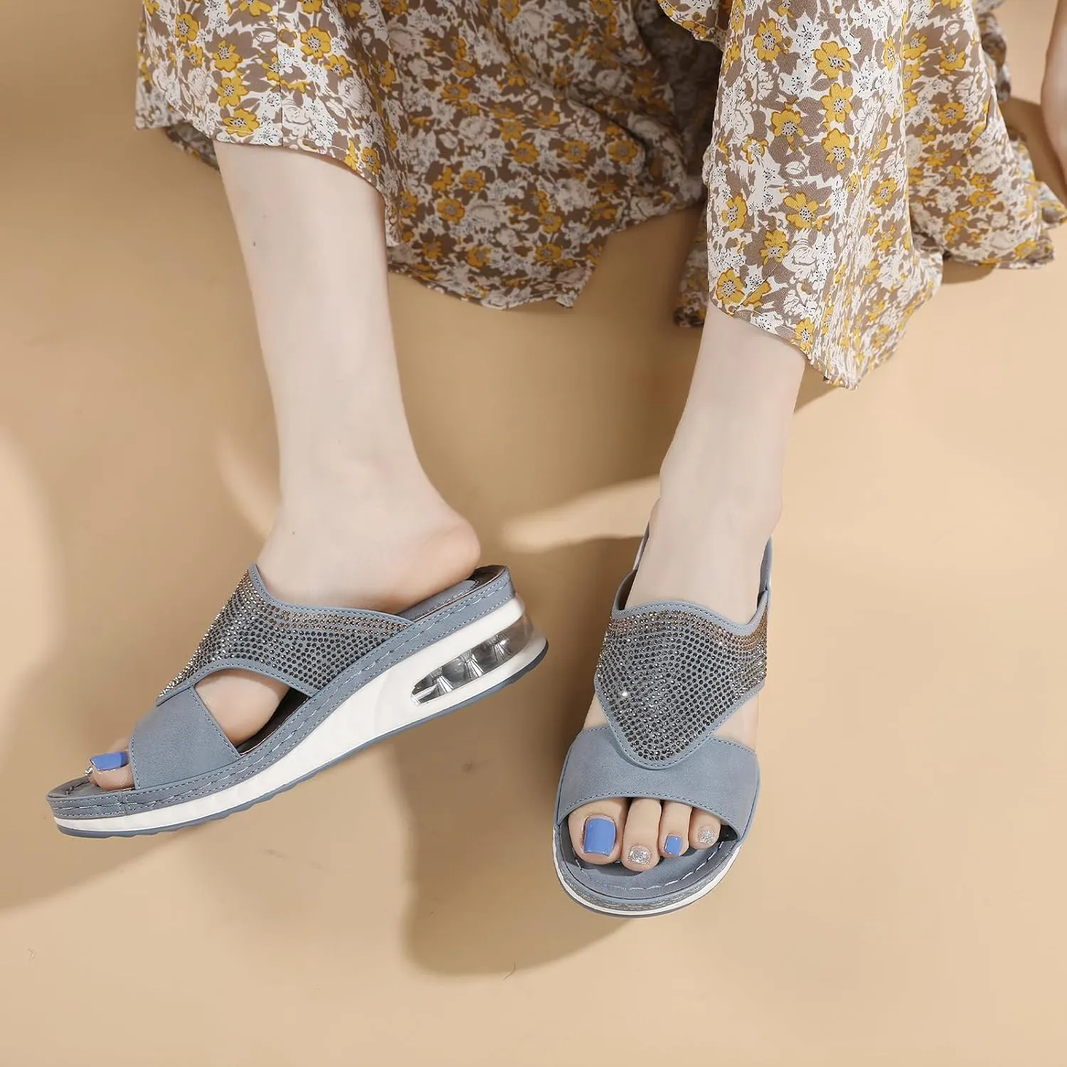 Women's Fashion Rhinestones Wedge Air Cushion Sandals Comfort Round Open Toe Slip On Arch Support Anti-Slip Platform Casual Summer Walking Beach Slides Sandals