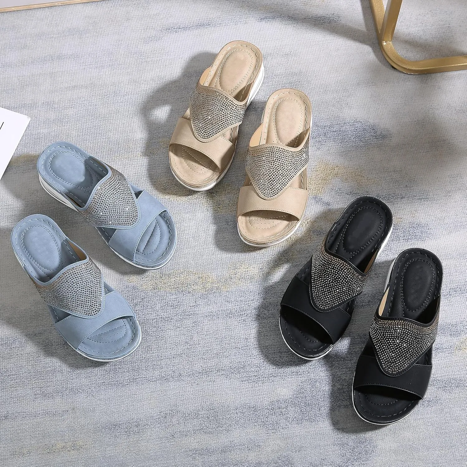 Women's Fashion Rhinestones Wedge Air Cushion Sandals Comfort Round Open Toe Slip On Arch Support Anti-Slip Platform Casual Summer Walking Beach Slides Sandals