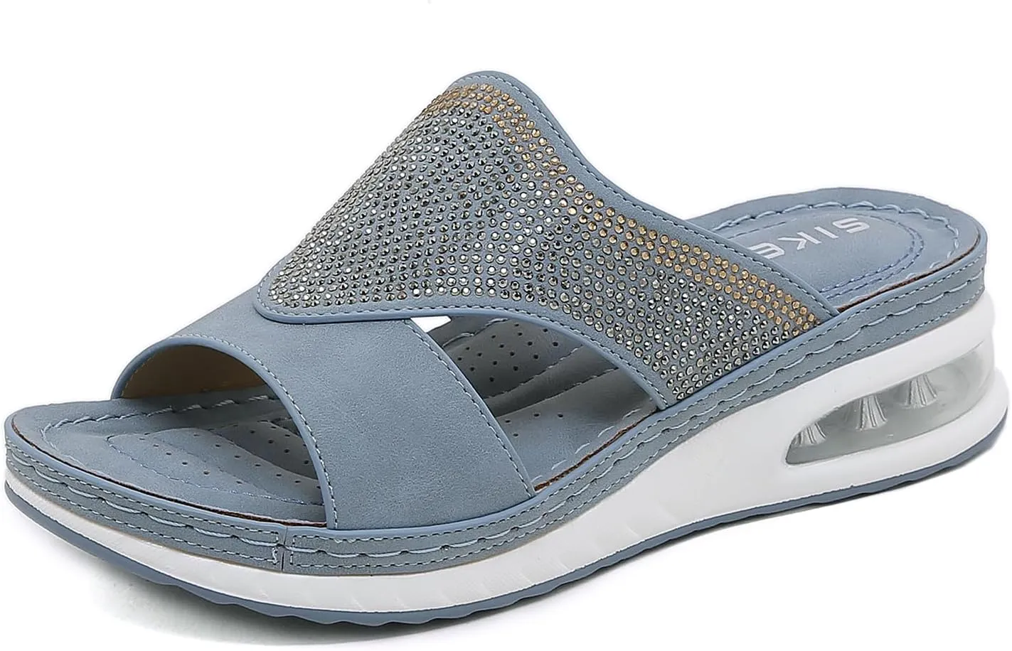 Women's Fashion Rhinestones Wedge Air Cushion Sandals Comfort Round Open Toe Slip On Arch Support Anti-Slip Platform Casual Summer Walking Beach Slides Sandals