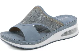 Women's Fashion Rhinestones Wedge Air Cushion Sandals Comfort Round Open Toe Slip On Arch Support Anti-Slip Platform Casual Summer Walking Beach Slides Sandals