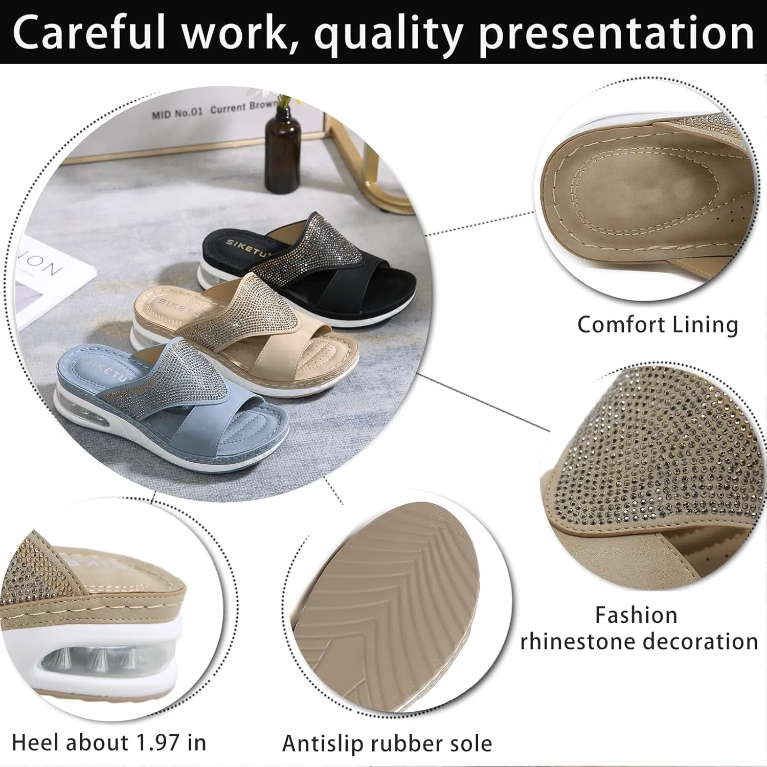 Women's Fashion Rhinestones Wedge Air Cushion Sandals Comfort Round Open Toe Slip On Arch Support Anti-Slip Platform Casual Summer Walking Beach Slides Sandals