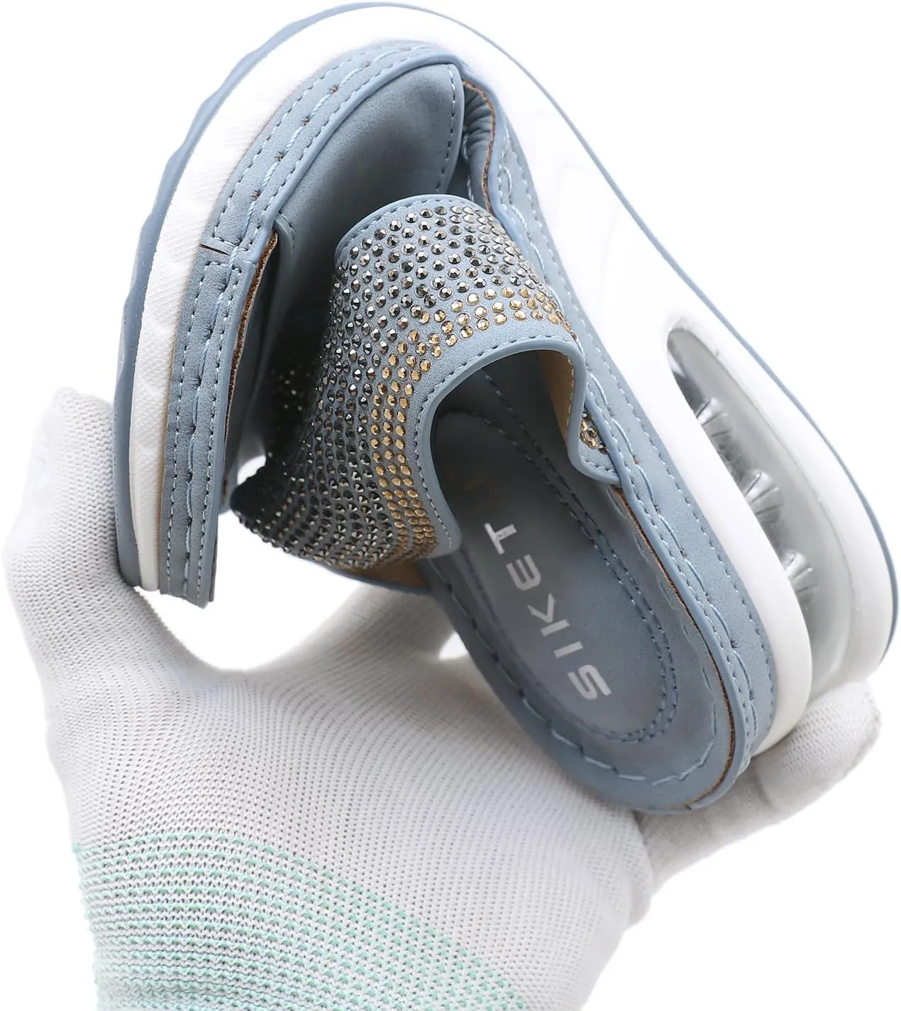 Women's Fashion Rhinestones Wedge Air Cushion Sandals Comfort Round Open Toe Slip On Arch Support Anti-Slip Platform Casual Summer Walking Beach Slides Sandals