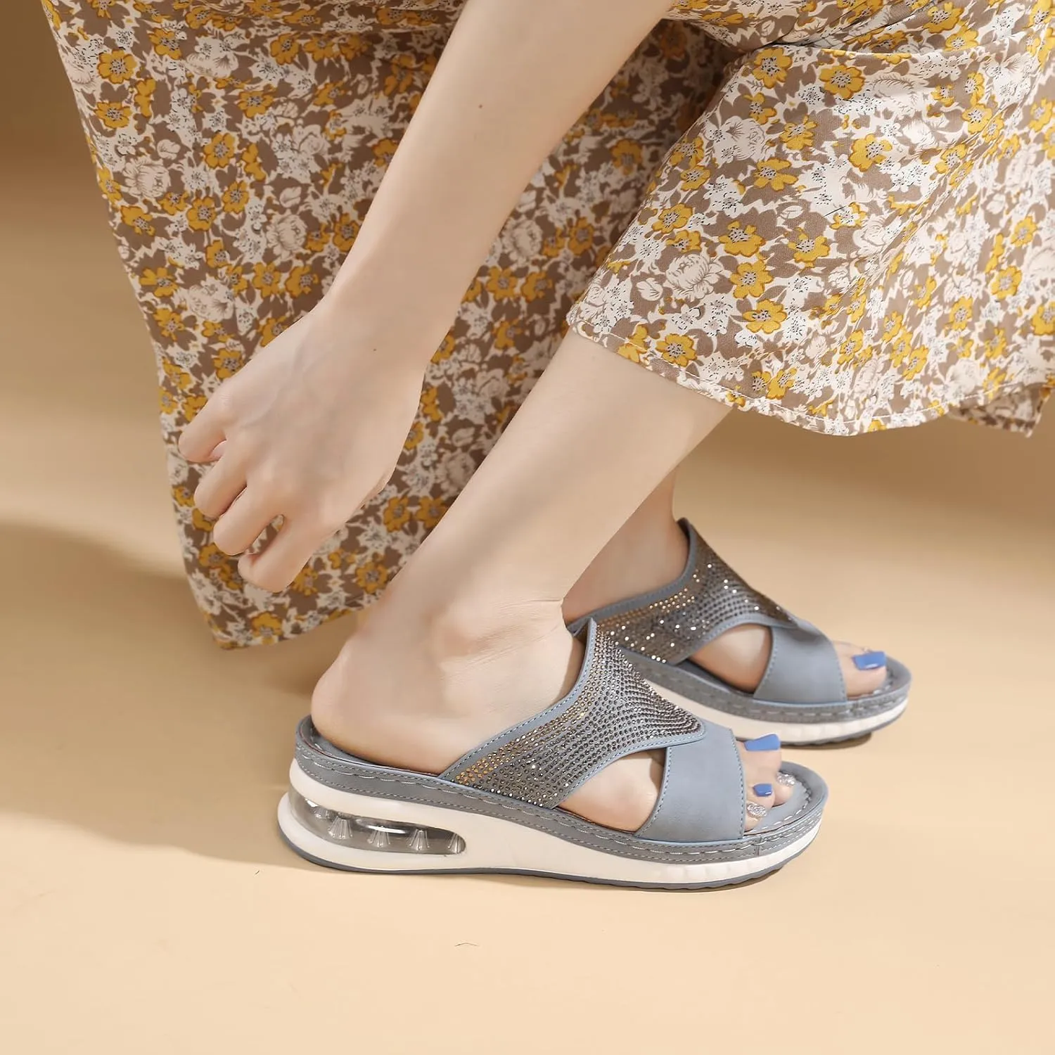 Women's Fashion Rhinestones Wedge Air Cushion Sandals Comfort Round Open Toe Slip On Arch Support Anti-Slip Platform Casual Summer Walking Beach Slides Sandals