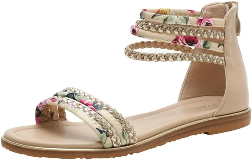 Women's Flat Sandals Summer Beach Sandal T-Strap Rhinestone Beaded Bohemia Shoes