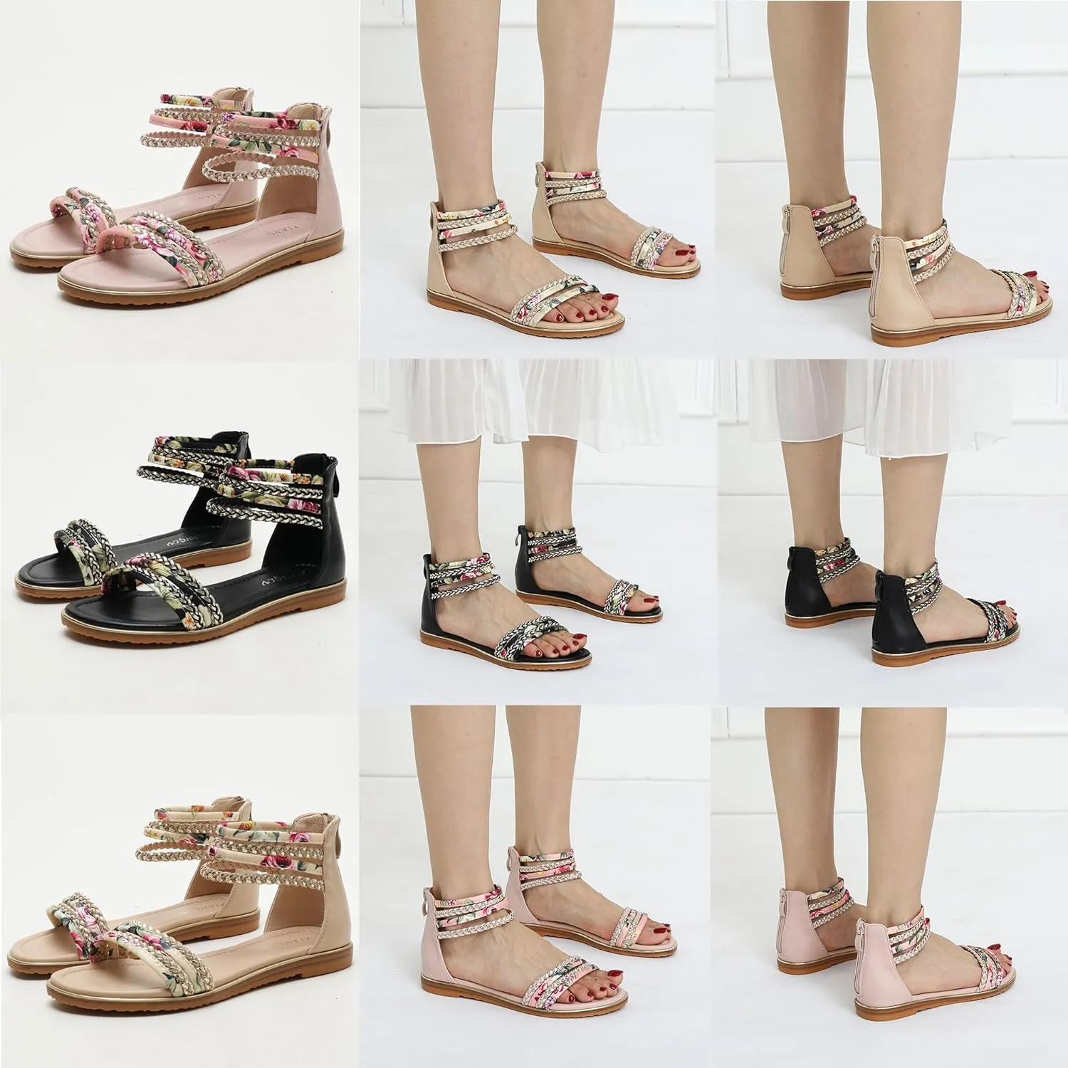 Women's Flat Sandals Summer Beach Sandal T-Strap Rhinestone Beaded Bohemia Shoes