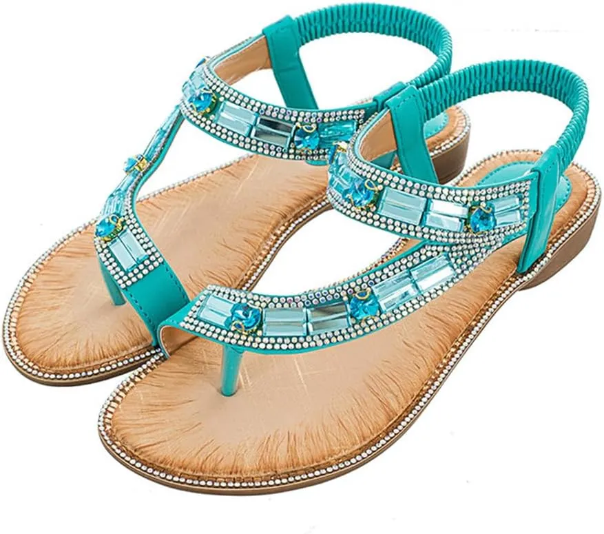 Women's Flat Sandals Summer Beach Sandal T-Strap Rhinestone Beaded Bohemia Shoes