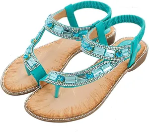 Women's Flat Sandals Summer Beach Sandal T-Strap Rhinestone Beaded Bohemia Shoes
