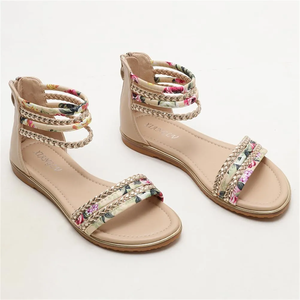 Women's Flat Sandals Summer Beach Sandal T-Strap Rhinestone Beaded Bohemia Shoes