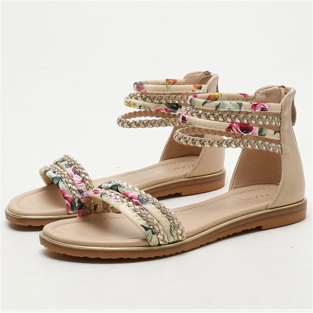 Women's Flat Sandals Summer Beach Sandal T-Strap Rhinestone Beaded Bohemia Shoes