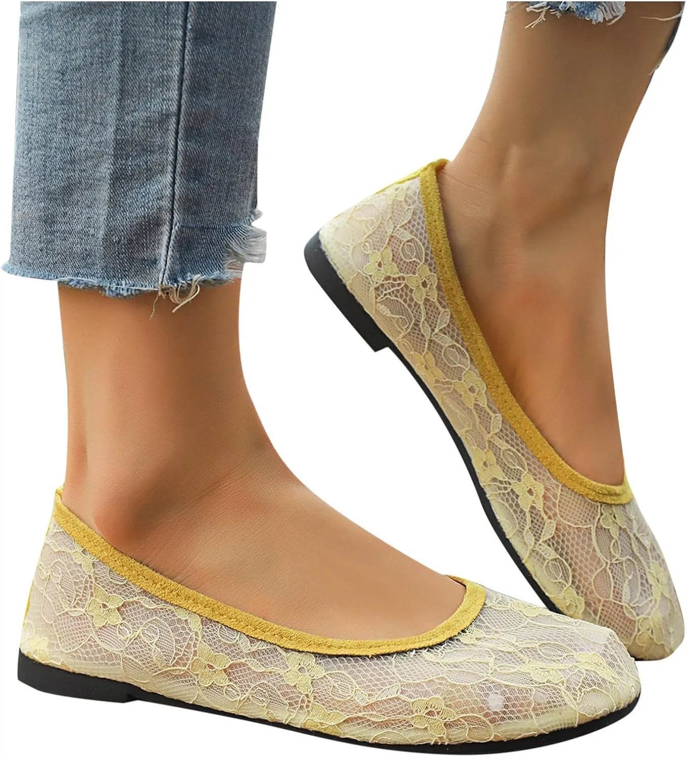 Womens Flats Cut Out Round Toe Slip On Floral Ballet Flat Comfortable Breathable Lace Flats Dressy Daily Walking Shoes