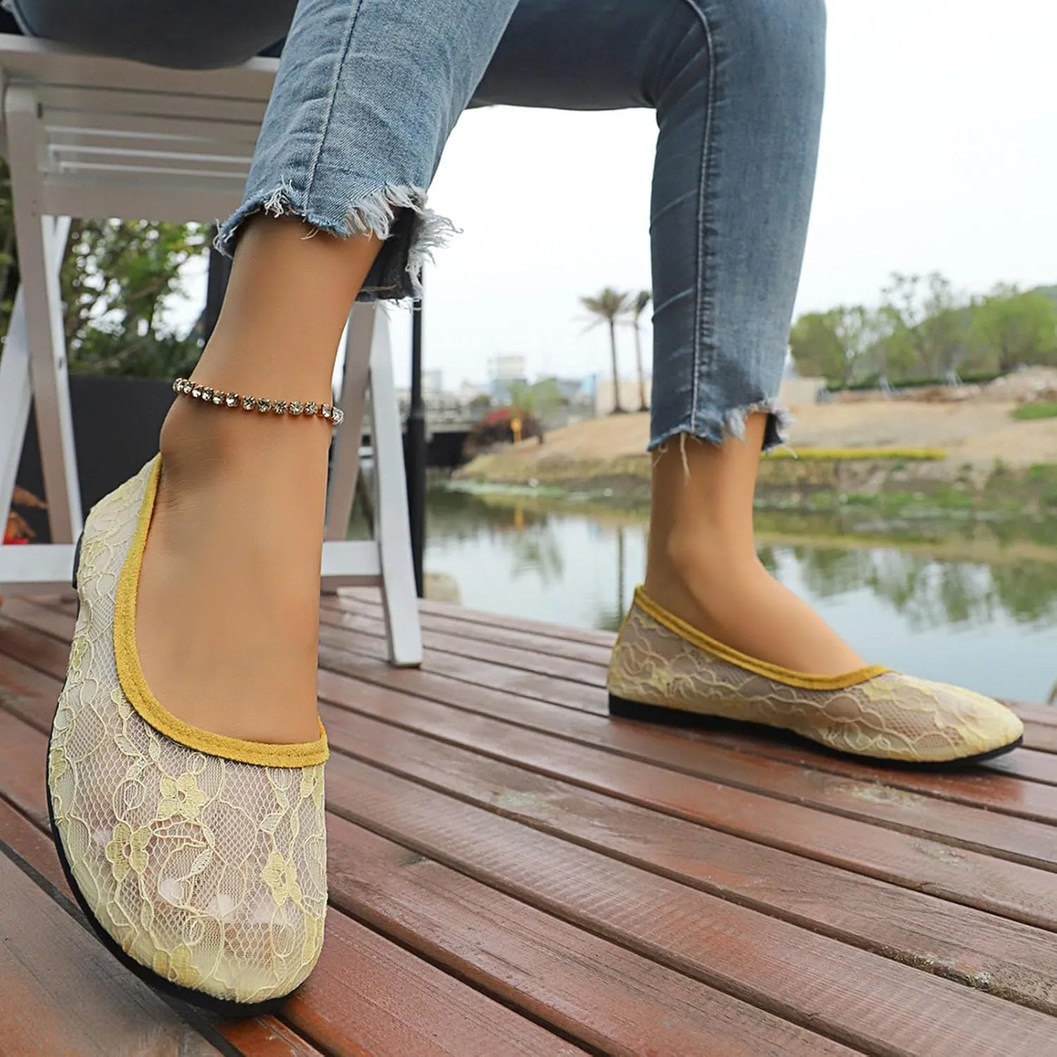 Womens Flats Cut Out Round Toe Slip On Floral Ballet Flat Comfortable Breathable Lace Flats Dressy Daily Walking Shoes