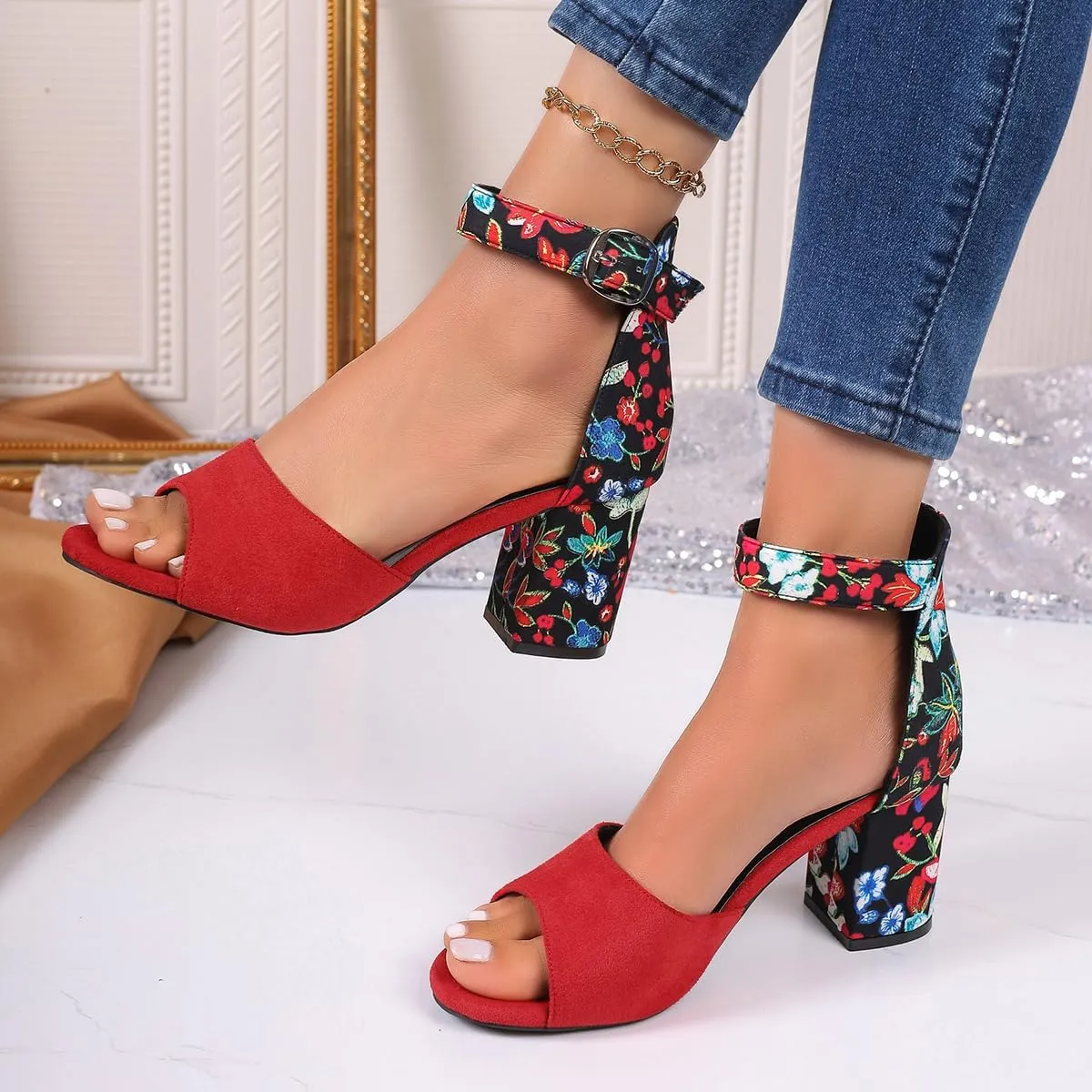 Women's Floral Print Open Toe Block High Heels Summer Party Weddings Womens Sandals