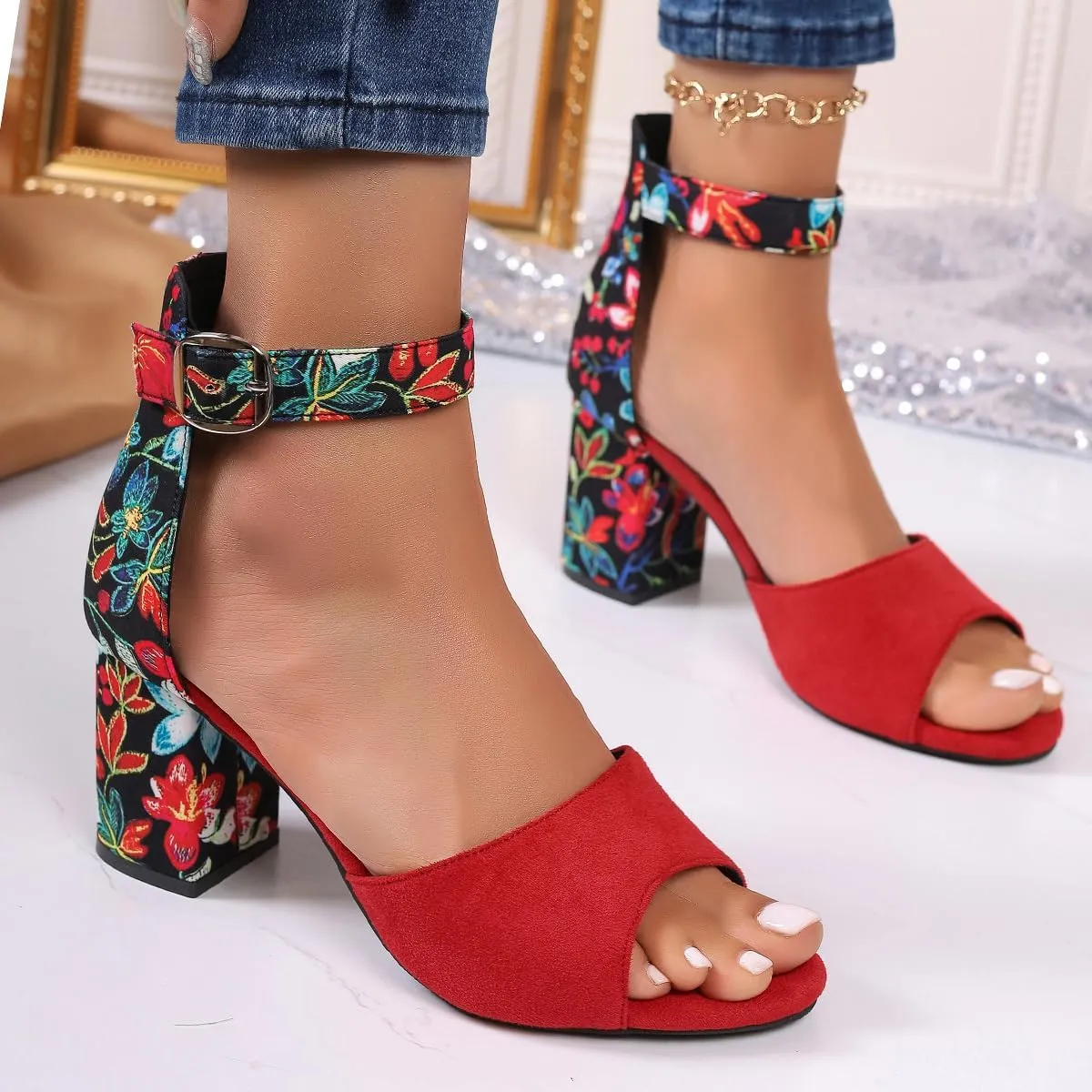 Women's Floral Print Open Toe Block High Heels Summer Party Weddings Womens Sandals