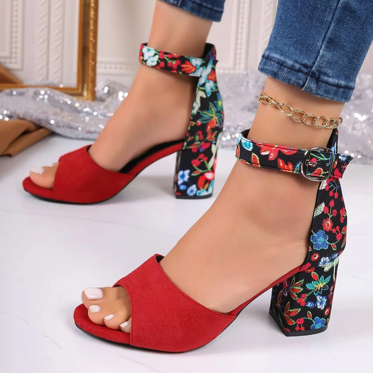 Women's Floral Print Open Toe Block High Heels Summer Party Weddings Womens Sandals