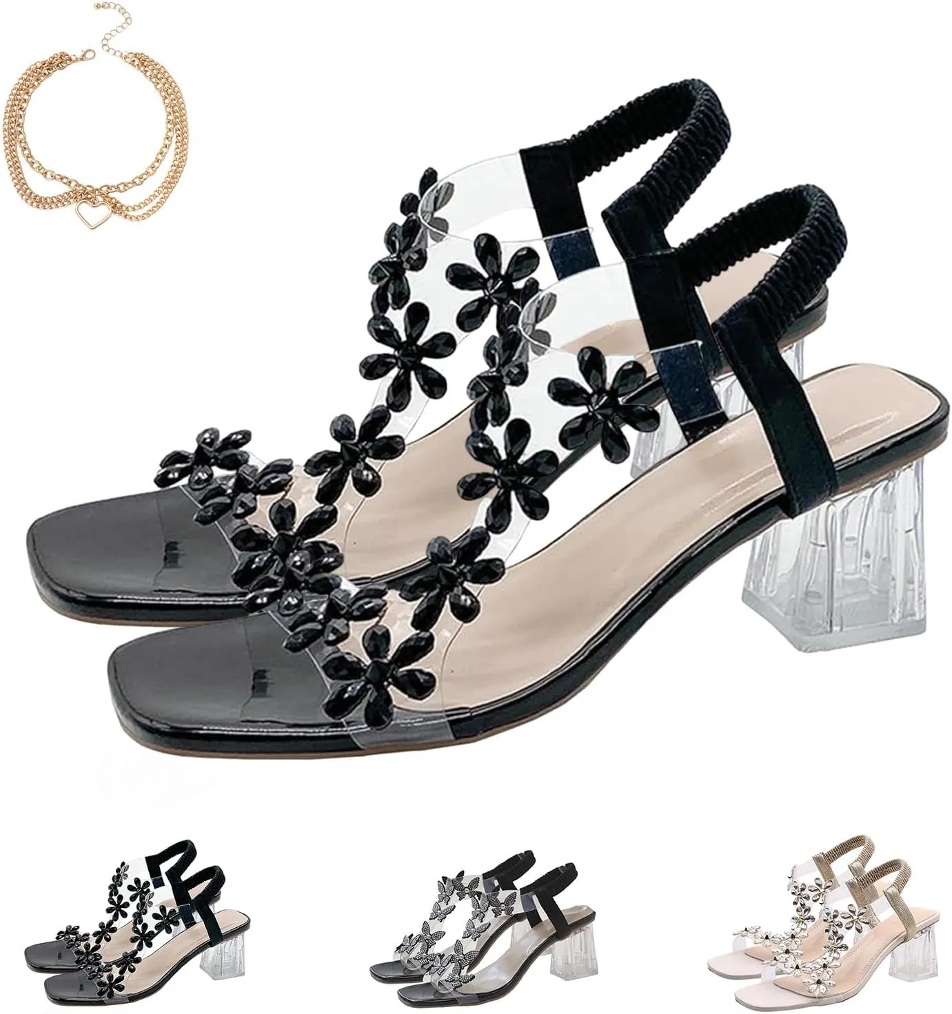 Women's Flower Rhinestone Block Heel Sandals, Elastic Ankle Strap Square Toe Crystal Transparent Block Heel Open Toe Sandals Summer