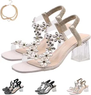 Women's Flower Rhinestone Block Heel Sandals, Elastic Ankle Strap Square Toe Crystal Transparent Block Heel Open Toe Sandals Summer
