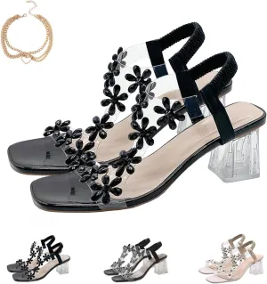 Women's Flower Rhinestone Block Heel Sandals, Elastic Ankle Strap Square Toe Crystal Transparent Block Heel Open Toe Sandals Summer