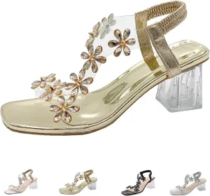Women's Flower Rhinestone Block Heel Sandals, Womens Flower Rhinestone Block Heel Sandals, Crystal Chunky Square Toe High Heel