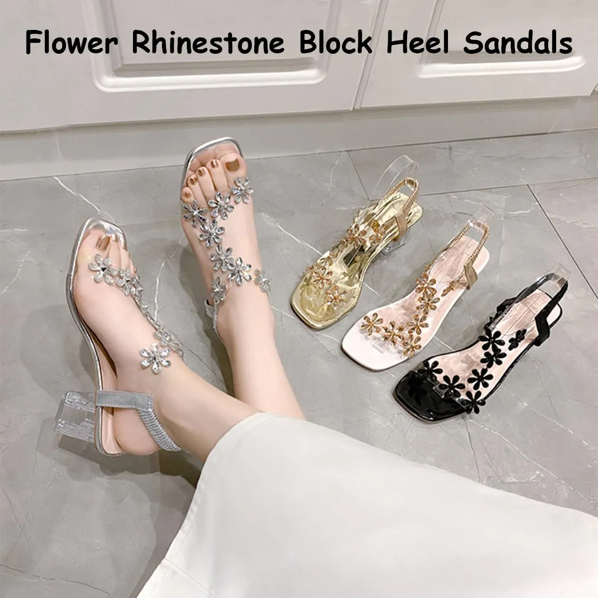 Women's Flower Rhinestone Block Heel Sandals, Womens Flower Rhinestone Block Heel Sandals, Crystal Chunky Square Toe High Heel