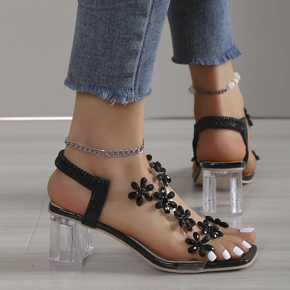 Women's Flower Rhinestone Block Heel Sandals, Womens Flower Rhinestone Block Heel Sandals, Crystal Chunky Square Toe High Heel