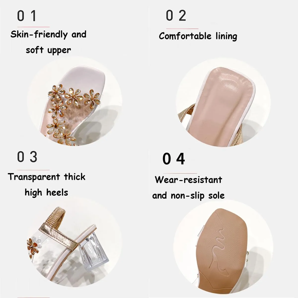 Women's Flower Rhinestone Block Heel Sandals, Womens Flower Rhinestone Block Heel Sandals, Crystal Chunky Square Toe High Heel
