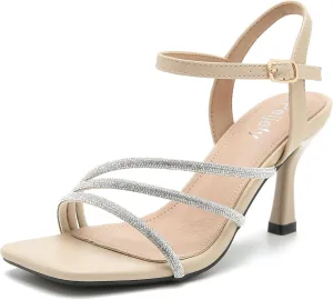 Women's Formal Rhinestone Strappy Sandal Mid High Kitten Heel Ankle Strap Buckle Up Square Toe Heels
