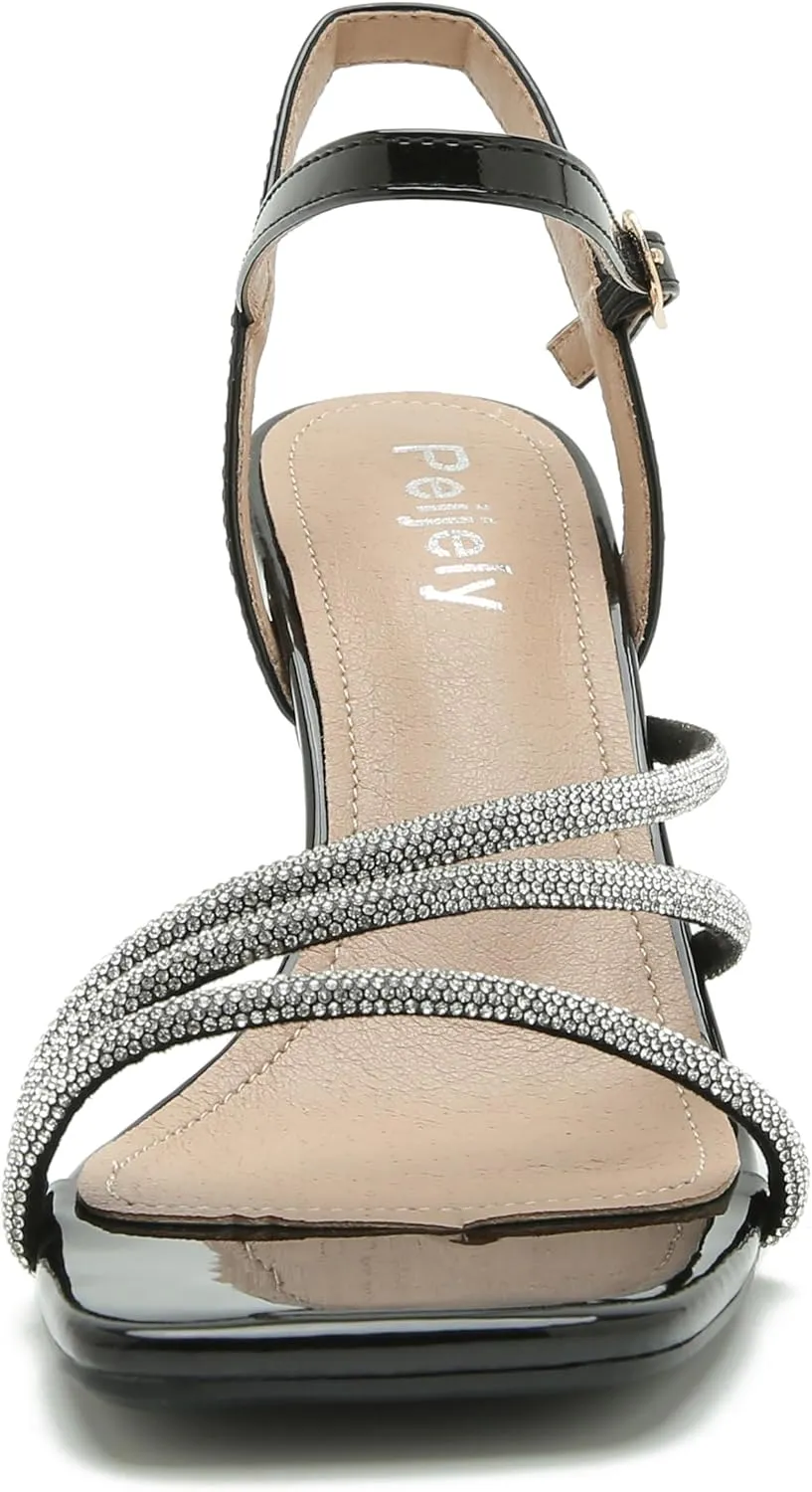Women's Formal Rhinestone Strappy Sandal Mid High Kitten Heel Ankle Strap Buckle Up Square Toe Heels