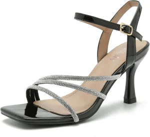 Women's Formal Rhinestone Strappy Sandal Mid High Kitten Heel Ankle Strap Buckle Up Square Toe Heels