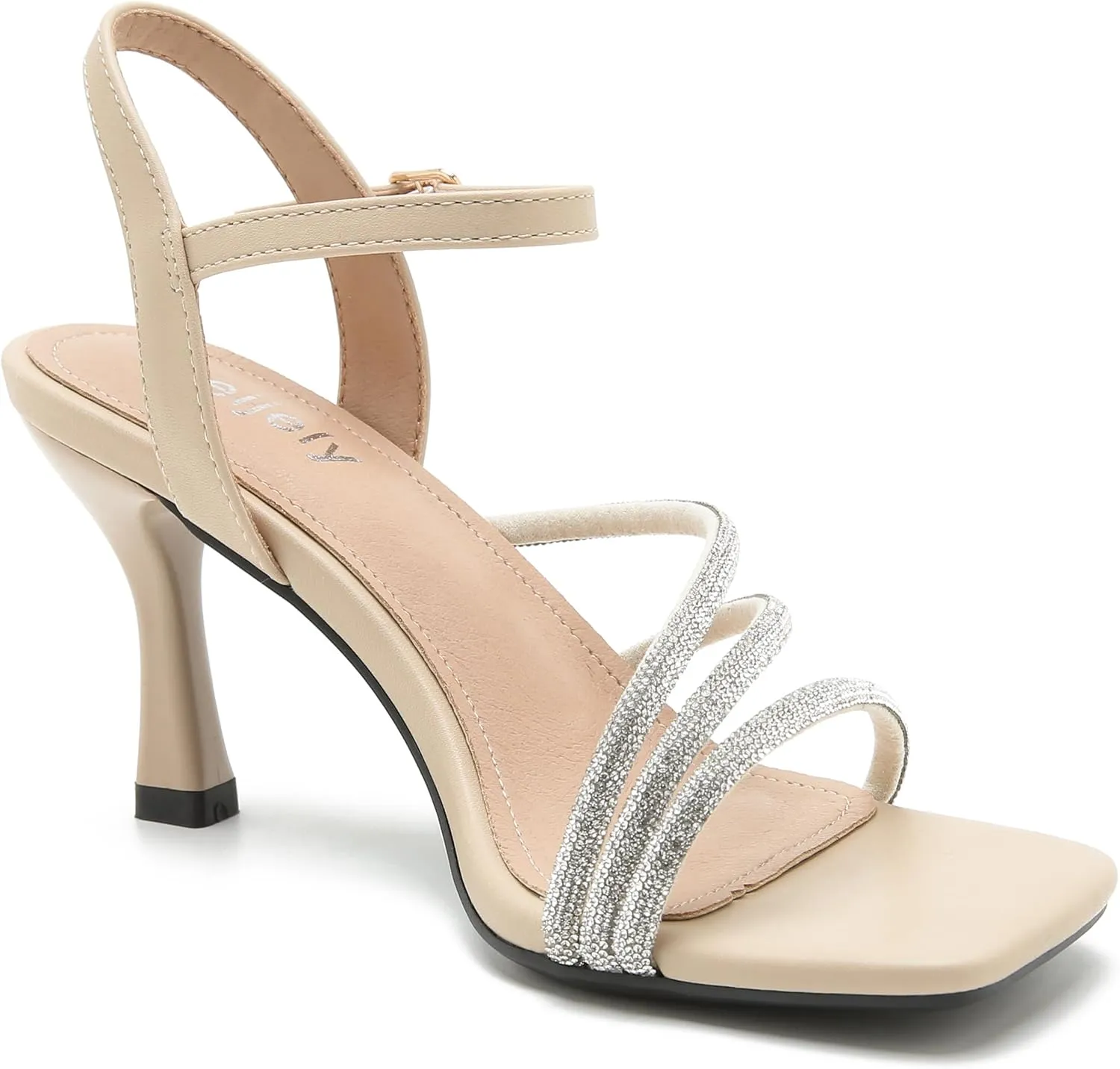 Women's Formal Rhinestone Strappy Sandal Mid High Kitten Heel Ankle Strap Buckle Up Square Toe Heels