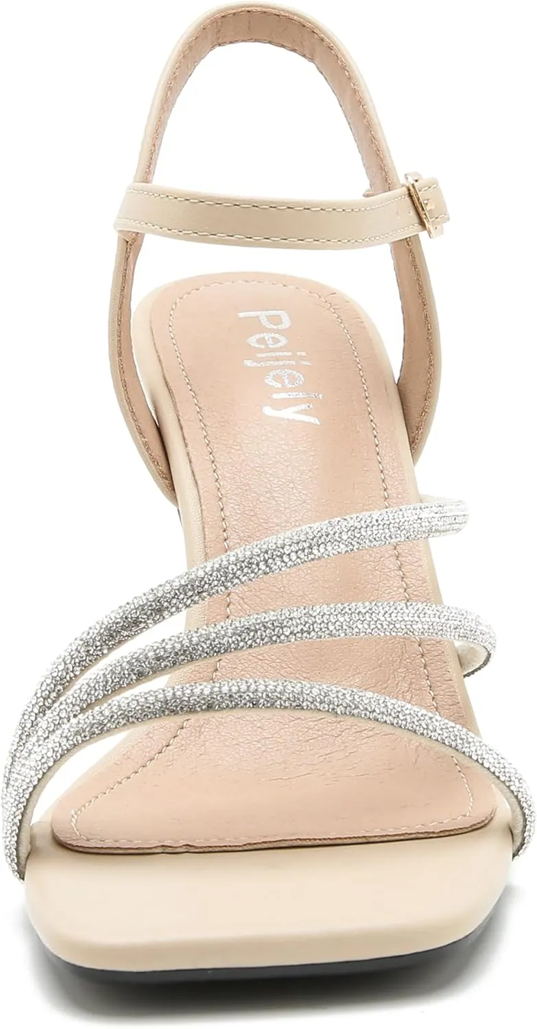 Women's Formal Rhinestone Strappy Sandal Mid High Kitten Heel Ankle Strap Buckle Up Square Toe Heels