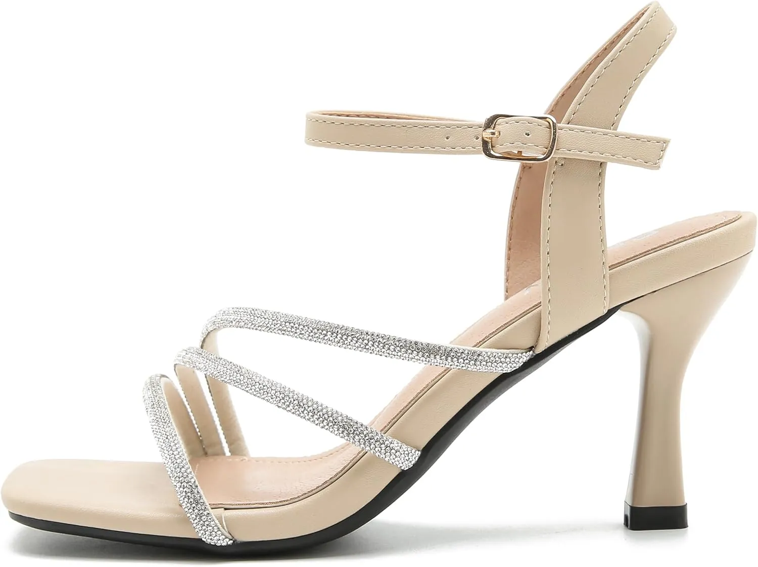 Women's Formal Rhinestone Strappy Sandal Mid High Kitten Heel Ankle Strap Buckle Up Square Toe Heels