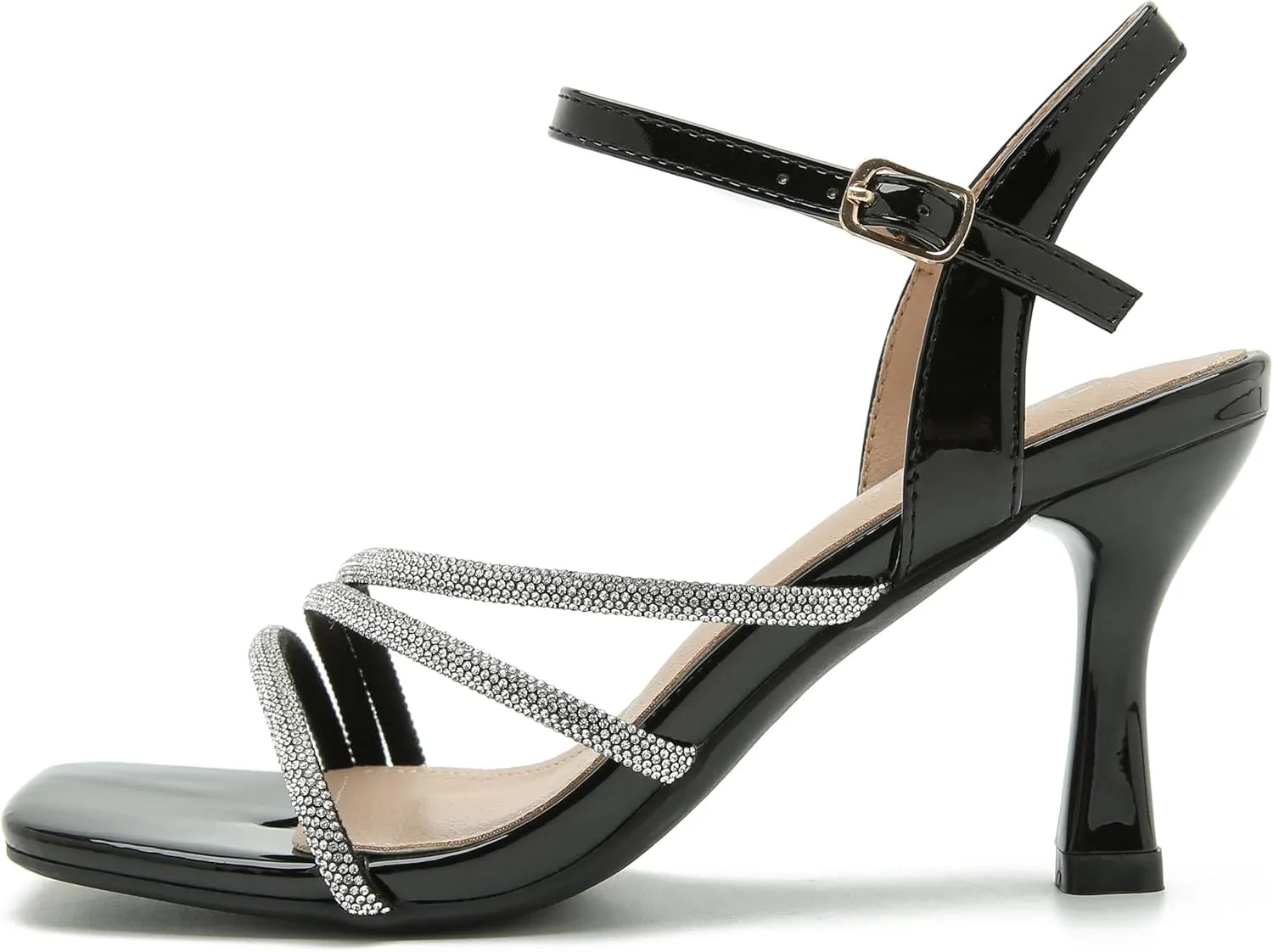 Women's Formal Rhinestone Strappy Sandal Mid High Kitten Heel Ankle Strap Buckle Up Square Toe Heels