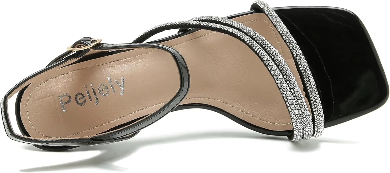 Women's Formal Rhinestone Strappy Sandal Mid High Kitten Heel Ankle Strap Buckle Up Square Toe Heels