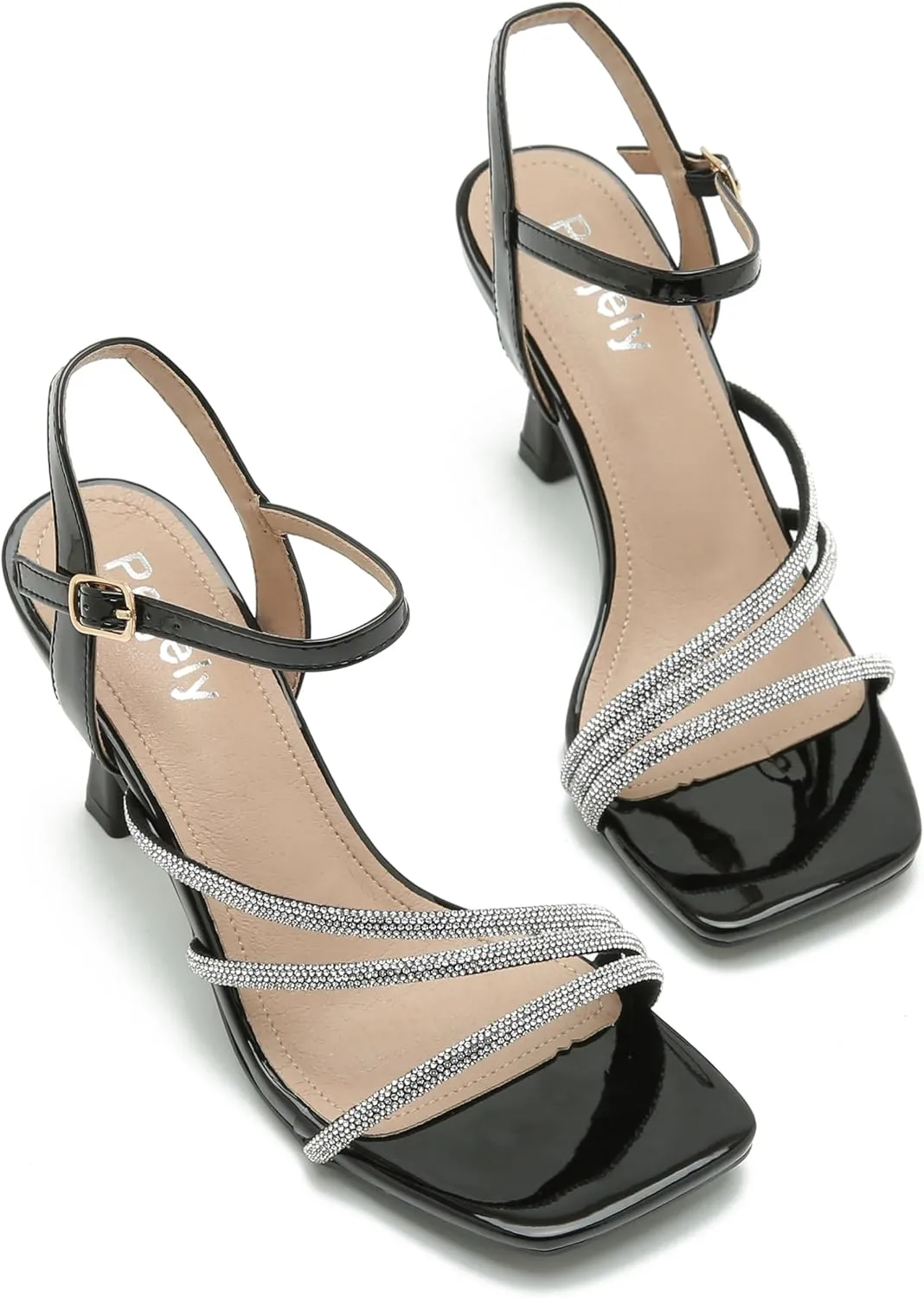 Women's Formal Rhinestone Strappy Sandal Mid High Kitten Heel Ankle Strap Buckle Up Square Toe Heels