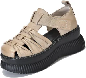 Women'S Genuine Leather Braid Platform Cutout Fisherman Sandals Fashion Adjustable Hook Loop Low-Top Round Closed Toe chunky Wedge Causal walking Roman Sandals