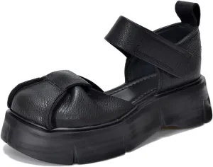 Women's Genuine Leather Platform Vintage Roman Sandals With Adjustable Hook And Loop Closed Round Toe Chunky Platform Comfortable Anti-Slip Hollow Out Casual Walking Sandals (4.5,black)