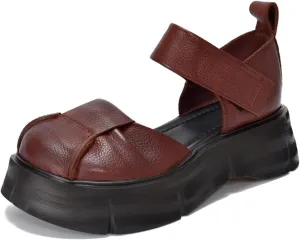Women's Genuine Leather Platform Vintage Roman Sandals With Adjustable Hook And Loop Closed Round Toe Chunky Platform Comfortable Anti-Slip Hollow Out Casual Walking Sandals (8,brown)
