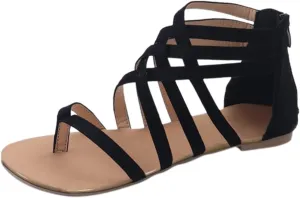 Women's Gladiator Strap Flat Sandals with Zipper Split Toe Slip On Backless Low Top Boots Sandal Ladies Comfortable Beach Non-Slip Casual Cushion Footbed Shoes Stylish Shoe for Daily Wear