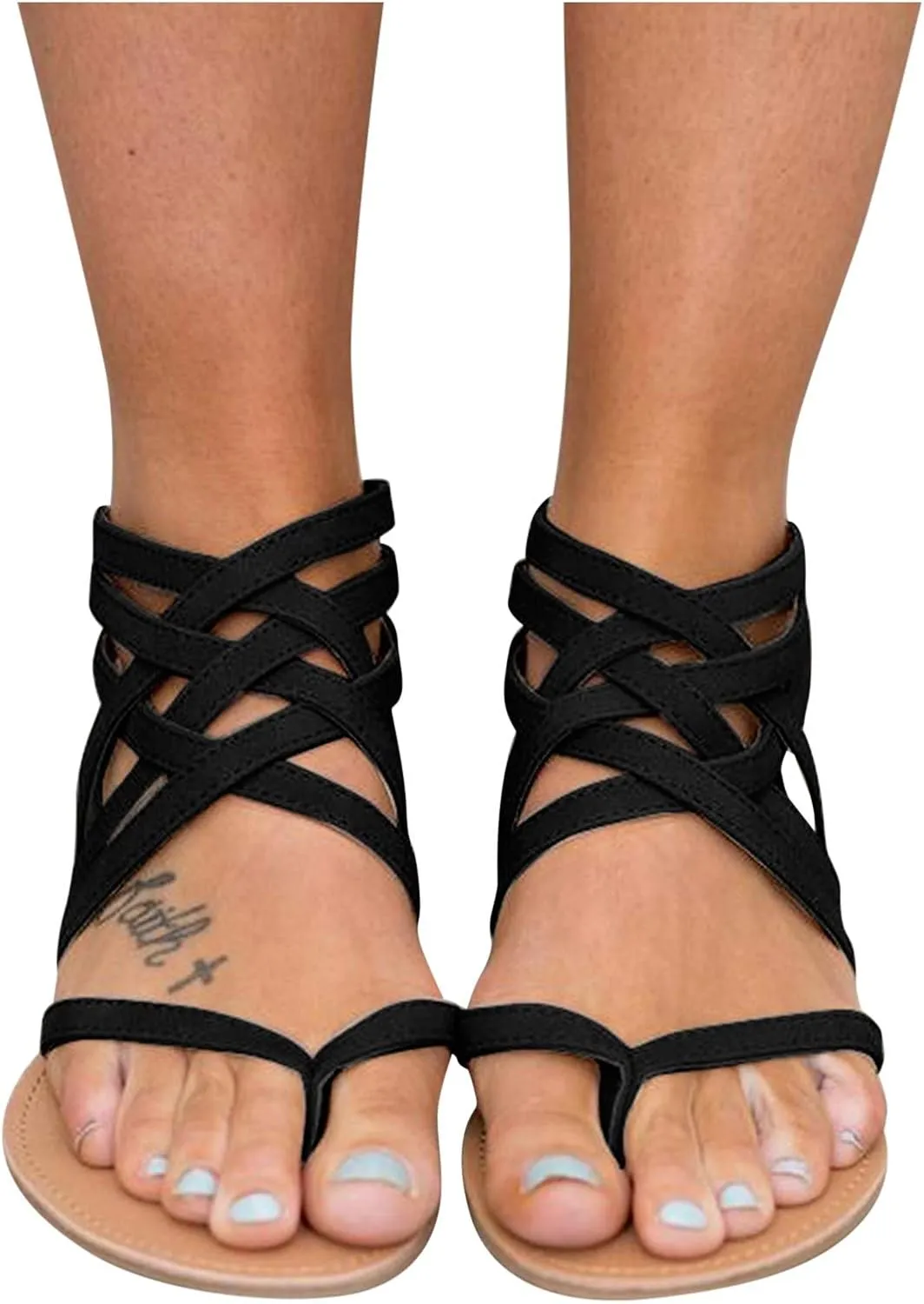 Women's Gladiator Strap Flat Sandals with Zipper Split Toe Slip On Backless Low Top Boots Sandal Ladies Comfortable Beach Non-Slip Casual Cushion Footbed Shoes Stylish Shoe for Daily Wear