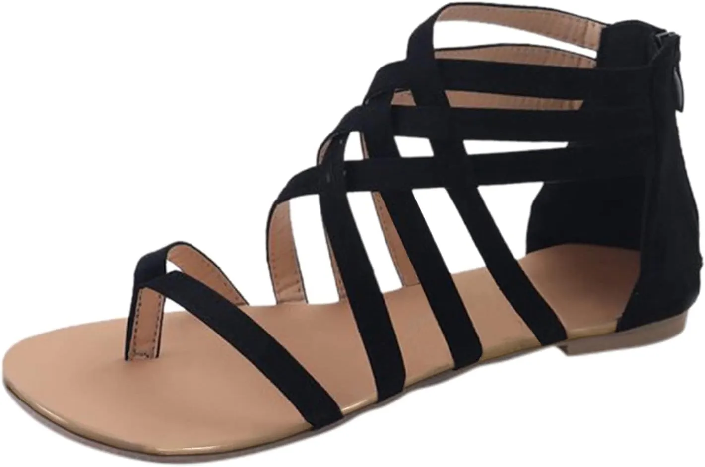 Women's Gladiator Strap Flat Sandals with Zipper Split Toe Slip On Backless Low Top Boots Sandal Ladies Comfortable Beach Non-Slip Casual Cushion Footbed Shoes Stylish Shoe for Daily Wear