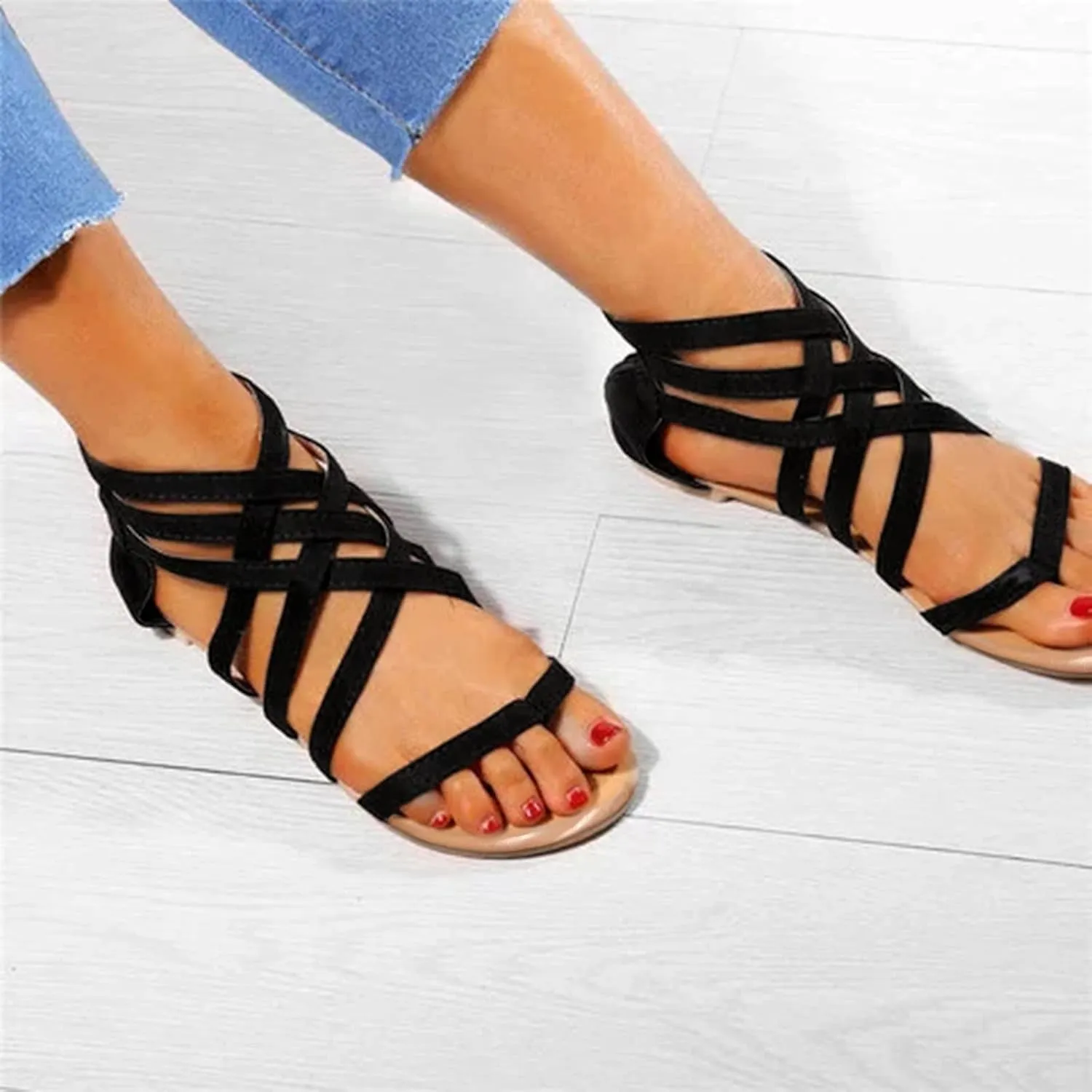 Women's Gladiator Strap Flat Sandals with Zipper Split Toe Slip On Backless Low Top Boots Sandal Ladies Comfortable Beach Non-Slip Casual Cushion Footbed Shoes Stylish Shoe for Daily Wear