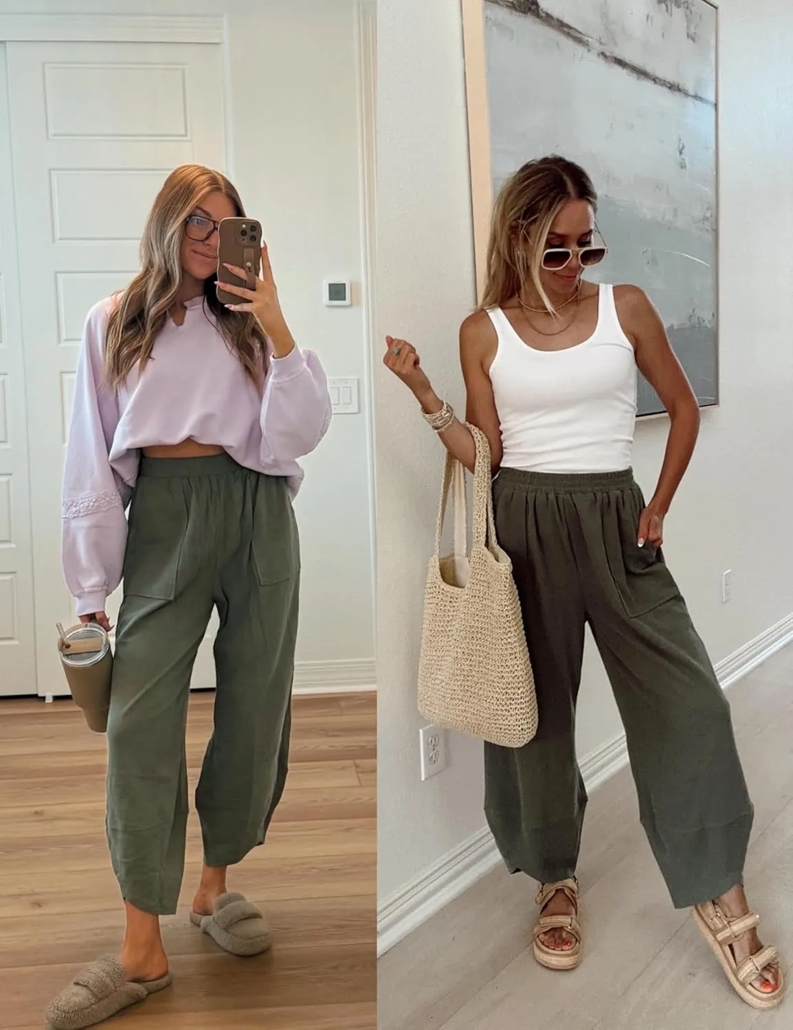 Womens Harem Pants Summer Casual Cotton Elastic Waist Palazzo Baggy Pants Wide Leg Sweatpants with Pockets