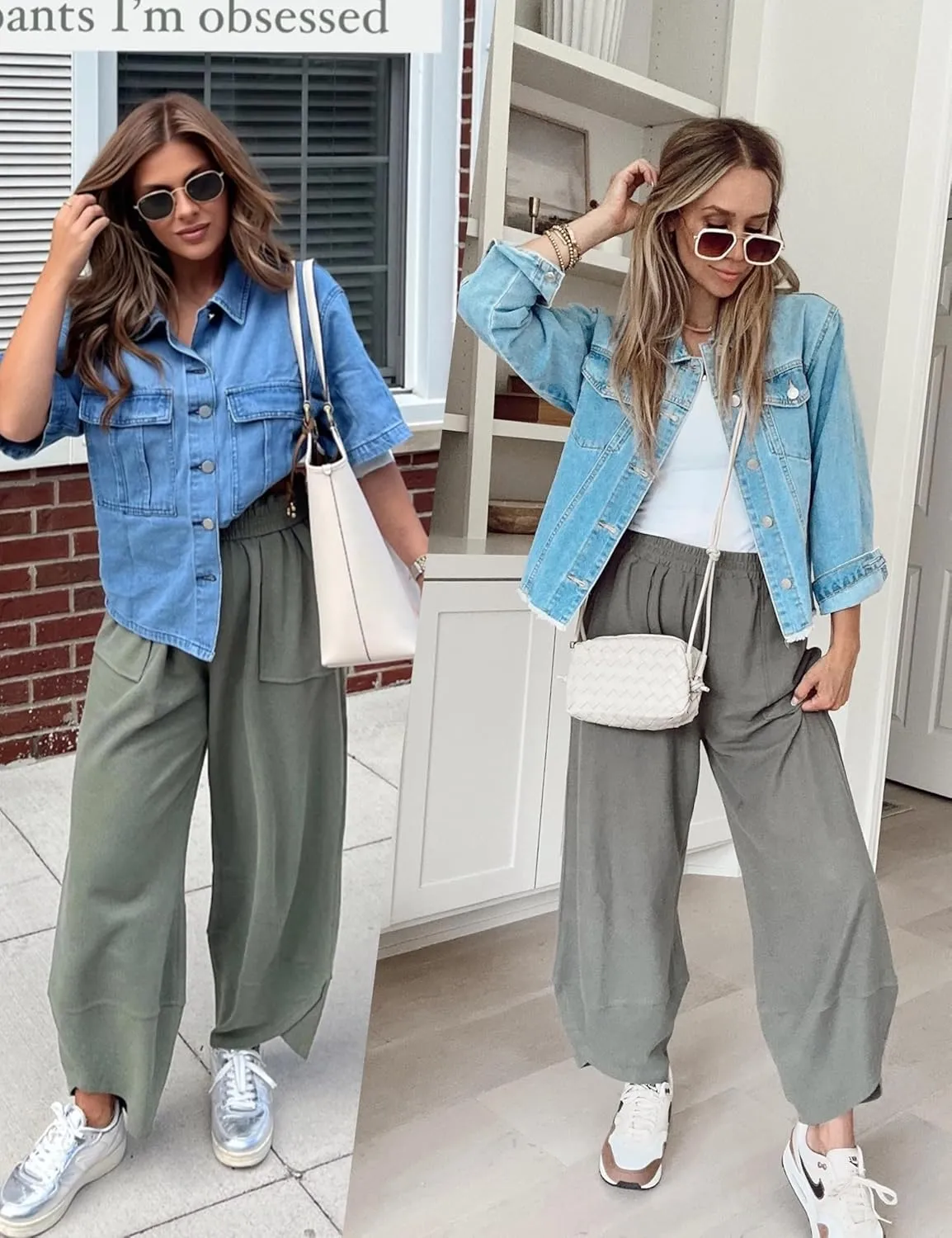 Womens Harem Pants Summer Casual Cotton Elastic Waist Palazzo Baggy Pants Wide Leg Sweatpants with Pockets