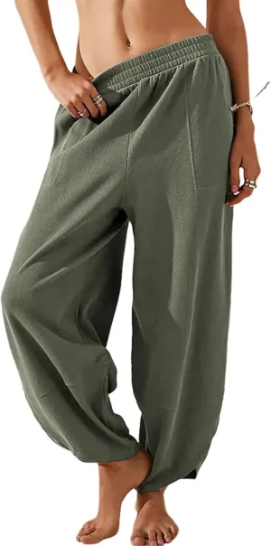 Womens Harem Pants Summer Casual Cotton Elastic Waist Palazzo Baggy Pants Wide Leg Sweatpants with Pockets