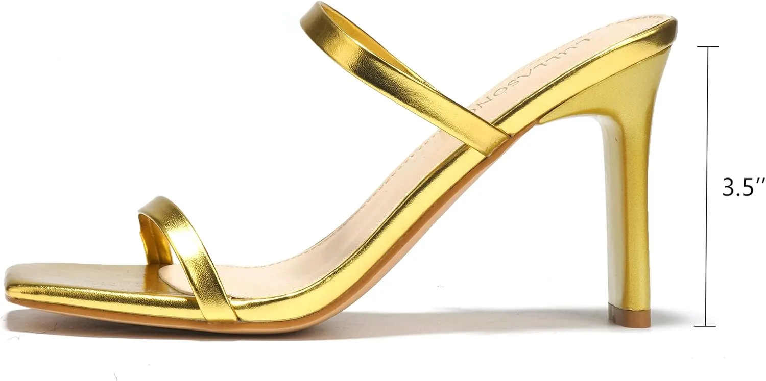 Women's Heels Sandals Block Chunky Mid Heels Slip On Slides 3.5 Inch Heeled Square Open Toe Sandals for Women
