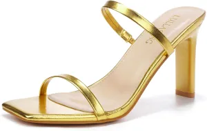 Women's Heels Sandals Block Chunky Mid Heels Slip On Slides 3.5 Inch Heeled Square Open Toe Sandals for Women