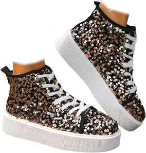 Women's High Top Canvas Shoes Casual Lace up Fashion Sneaker Shoes Rhinestone Bling Wedding Bridal Shoes Shiny Sequin Shoes