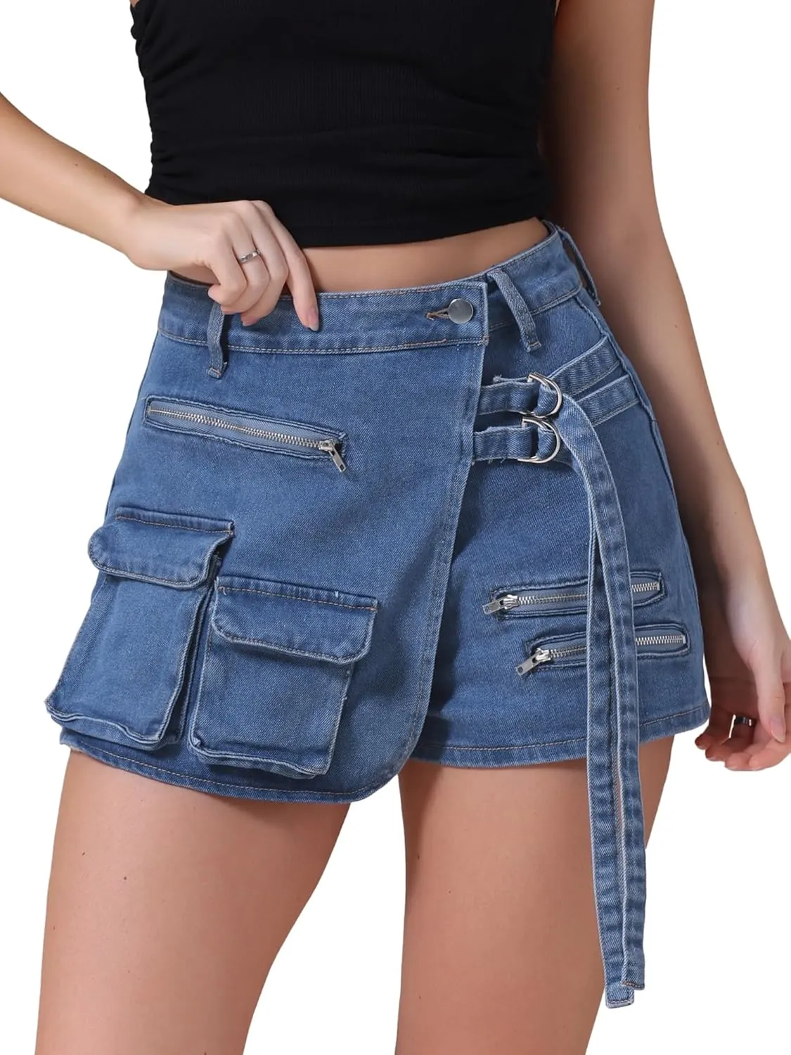 Women's Jean Skort High Waisted Western Summer Asymmetrical Denim Cargo Skirt Shorts
