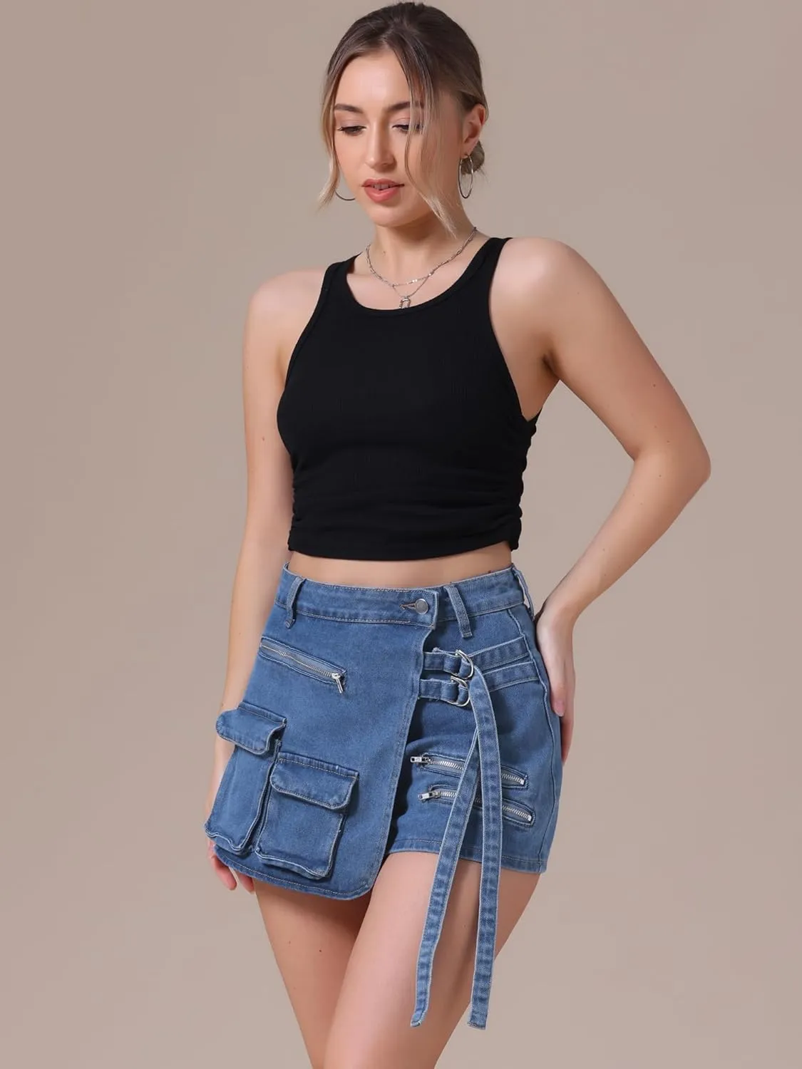 Women's Jean Skort High Waisted Western Summer Asymmetrical Denim Cargo Skirt Shorts