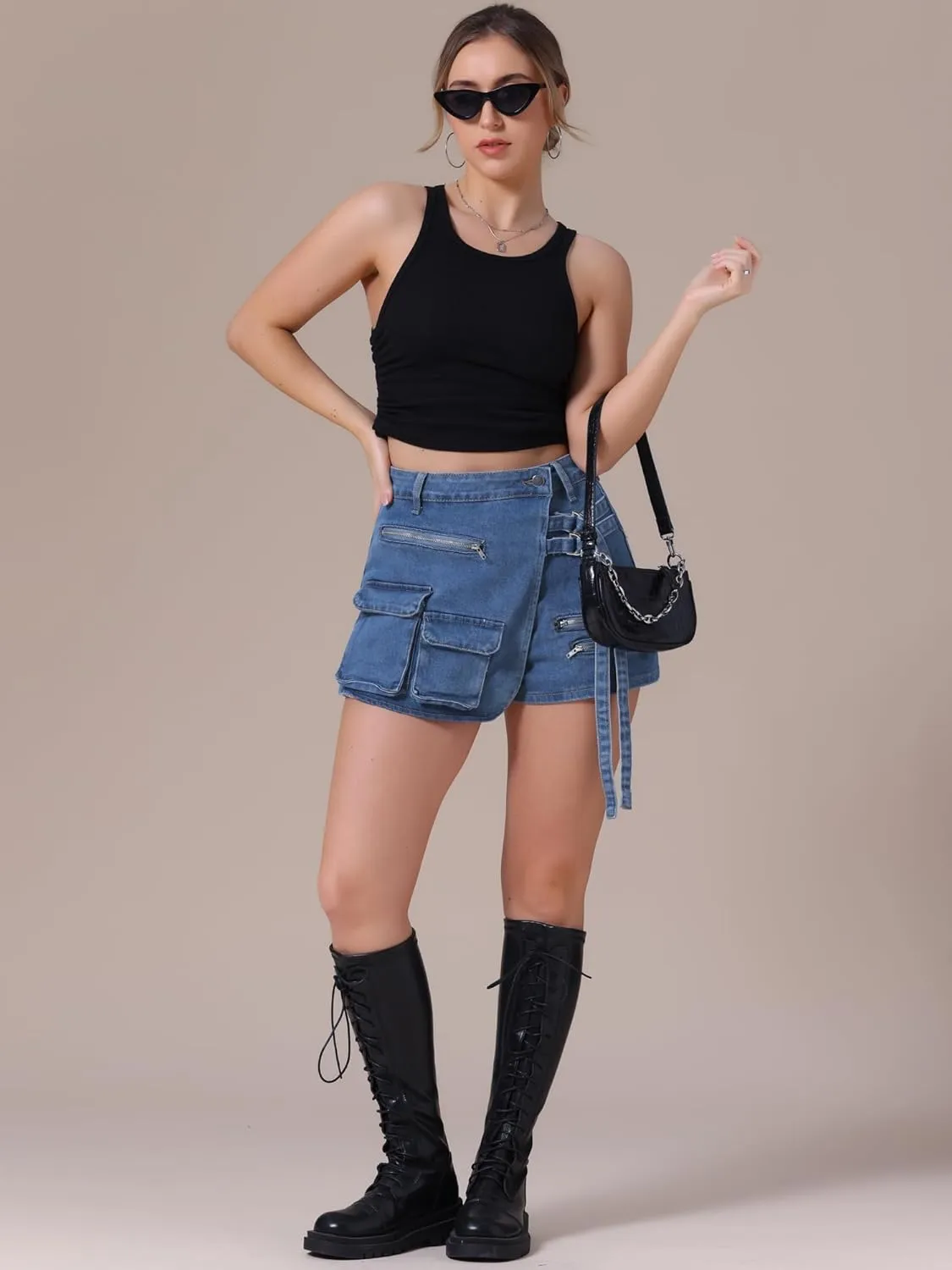 Women's Jean Skort High Waisted Western Summer Asymmetrical Denim Cargo Skirt Shorts